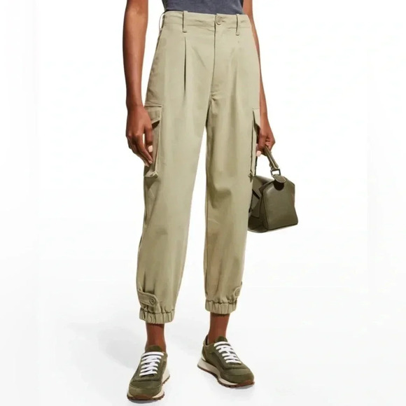 Monrow High-Rise Utility Pants Khaki Pleated Ankle Cargo Joggers Size XS - Picture 1 of 12